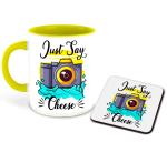 Whats Your Kick Photography Theme Just Say Cheese Printed Yellow Ceramic Coffee Mug with Coaster and Tea Mug 325 ml