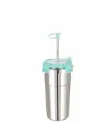 SHOPOBOX Stainless Steel Tumbler with Silicon Aperture Steel Lid Leak Proof Set of 2 pcs with Straws 1 Brush | Glass Tumbler Steel lid | Steel Glass with Lid Capacity (SIP Easy 600ML)