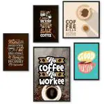 RITWIKA ART AND CRAFT Wall Posters About Coffee & Conversation Quotes Paintings in Black Frame - Printed on Premium Glossy Paper, Set of 5 - Multicolored, 32 X 24 Inches