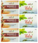 Subaxo Herbal Radiance-x Bar, Ayurvedic Soap, Beauty Soap for Soft & Glowing Skin - 3 Pc AND Tulsi (Basil ) Soap Anti Acne, Anti Bacterial Soap -3 Pc Each 75 G