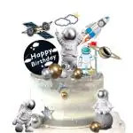 Festiko 18 Pieces Astronaut Space Cake Toppers Outer Space Astronaut Figurines Planet Rocket Satellite Pearl Balls And Stars Kids Space Theme Decorations For Birthday Supplies