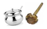 BLUE WONDER Stainless Steel Multipurpose Ghee Pot/Pickle Container with Spoon With Wooden Rai ,Mathani Rai and (Multicolour, Pack of 2)