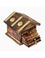 Giftoshopee Wooden and Brass Antique Hut Shape Coaster Set Home Decor Gift