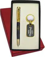 UJJi Happy Married Life Printed Golden Gel Filled Brass Ball Pen & Keychain