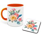 Whats Your Kick Flower and Birds Theme Flowers Painting Design Printed Orange Ceramic Coffee and Tea Mug 325 ml with coaster