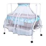 Kiddery Store Ares Baby Cradle with Swing and Mosquito Net Jhula Stand for a Comfortable Sleep All Wheel Lock Palna for Boys 0-8 Months Blue