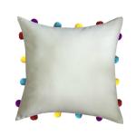 Lushomes White Cushion Cover with Colorful pom poms (35 cm x 35 cm)