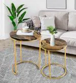 THE HOME CO. Modern Round Side Table for Living Room Bedroom Metal Frame Wooden Top Coffee Table End Table for Home Decor Nesting Table Fancy Home Office Table (Brown & Gold)