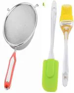 Wofier Kitchen Combo Big Spatula And Oil Brush Set With Stainless Steel Soup, Juice Strainer 16 cm - Pack Of 3