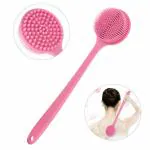 KitchenFest Long Handle Double Side Silicone Exfoliating Body Bath Brush & Massager, 1 Pcs. (Pink)