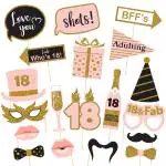 Zyozique Fully Assembled 18Th Birthday Photo Booth Props - Set Of 19 - Pink & Gold Selfie Signs - 18Th Party Supplies & Decorations - Cute 18Th Bday D