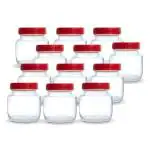 Pure Tree Glass Jar 250 ml | Transparent Container for kitchen with Red Plastic Cap | Set of 12