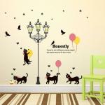 Lanstick Vinyl Multicolor Cute Cats And Birds Enjoying Under The Street Lamp Self Adhesive Wall Sticker 30 inch