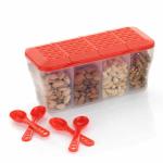 SORATH 4 in 1 Multipurpose 4 Section Kitchen Fridge Storage Airtight Container Set for Vegetables Dryfruits Spices Groceries and Pickles with 4 Spoons Storage Set 1800 ml- (Red Pack of 1)