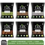 F2K Whole Spices 300g combo | Green cardamom, Black cardamom, Peppercorn, Clove, Cumin, cinnamon - (6 x 50g each)