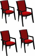 Swagath furniture PREMIER Plastic Lacquer finish cushioned Seat with Arm Chair For Home, Office, Cafeteria (Finish Color- Red Cushioned Seat with Black Body, Set of 4, Pre-assembled)