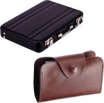 StealODeal Brown Black Mini Briefcase Aluminium Alloy Case With Leather 15 Card Holder (Set Of 2)
