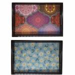 ANGIRA HANDICRAFTS Handmade Wooden Tray with Handprinted Designs Serving Trays Set of 2 Tray