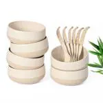 Eha Earth-Friendly Small Soup Bowls With Spoons Set Of 6|250 Ml|Made With Bamboo Fibers & Rice Husk|Microwave Safe Bowl|Serving Bowl Set|Sand Castle, Beige - Solid