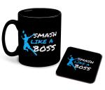 Whats Your Kick Badminton Theme Smash Like a Boss Printed Black Ceramic Coffee Mug with Coaster and Tea Mug 325ml