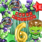 House of Banter Superhero Hulk Theme Birthday Decoration Pack for Boys / Girls / Kids Party 69Pc -60 Multicolor Balloons, 2 Green Curtain ( Green Superhero Birthday Theme Decoration Set ) 6th Birthday Celebration