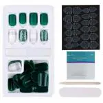 Coslifestore Press On Nails Pack of 30 Reusable Gel Nail Extensions With Full Application Kit Consisting of Nail Glue, Buffer, Manicure Tool, 24 Jelly Tabs Diy Nail Art (Jade Grid)