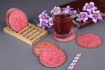 Vatsin Premium Resin Round Coasters With Wooden Stand Tea, Coffee Coasters for Home & Dining Table, Office, Table Accessories, for Gifting (Set of 6, Pinkish Red)