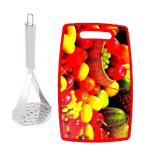 BLUE WONDER Stainless Steel Big Potato Masher With Plastic Oval Chopping Board and Multicolour, Pack of 2