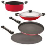 Nirlon 4 pcs of Red, Black 3 Layer Non-stick Aluminium Coated Kitchenware Essential Combo Set with Bakelite Handle Standard