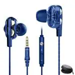 pTron Boom Pro Dual Driver Wired Headphones with Deep Bass, In Ear Style, Volume Control, Passive Noise Cancelling Earphones & In-line Mic (Dark Blue)