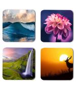 Whats Your Kick Beautiful Nature Waterfalls Sea And Flower Printed Set of 4 Coaster With Metal Stand