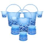 Ratan Plastics Frosty Bubble Print Pack of 9 Bathroom Set (25L Bucket x 3 / 1.5L Mug x 3 / Nova Patla Stool 107 x 3) - Blue