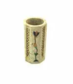 Master Piece Crafts Soapstone Floral Carving Round Shape Pen Holder for Home and Office, Floral Inlay & Carving, Handcrafted Soapstone Pen Stand