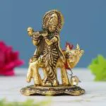 Webelkart Premium Metal Lord Krishna Playing Flute On Kamdhenu Cow Idol Statue Murti Hindu God Religious Idol Krishan Showpiece Figurine for Home Puja Gifts Decor| Diwali Gift Item (Gold, 3.5 Inches