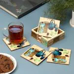 DULI Set of 6 MDF Wood Square Coaster Set for Table accessories 10x10cm (Tea Kettle)