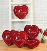 KoziHub Velvet Heart Shape Cushion Set of 5 Heart Love Pillow for Gift (13x13 Inch) (Maroon)
