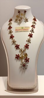 MAYURI'Z COLLECTION_Assamese Traditional Necklace & Earring Set, Pure Silver-Gold Plated with general stones, with adjustable dori closure