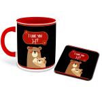 Whats Your Kick I Love You Mom in Punjabi Language Cute Cartoon Design Printed Red Ceramic Coffee Mug with Coaster and Tea Mug 325ml