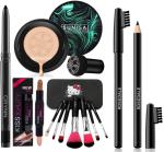 Chiwa Smudge Proof Waterproof Long Lasting Kajal & Suisa Rosedale Korean Mushroom Air Cushion CC Cream Foundation & Kiss Beauty Highlighter & Contour Stick & Professional Set of 7 Makeup Brush & Yanqina Ultra Deep Black Eyebrow Pencil