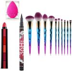 BUYTYA HDA36 Pro Waterproof Sketch Pen Eyeliner, Long Lasting Super Matte 5 in 1 Lipsticks, Beauty Blender Makeup Sponges, 10 Pieces Professional Crystal Makeup Brushes Set