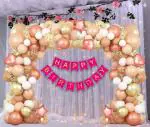 Hemito Rose Gold Birthday Decoration Kit Happy Birthday Decoration Items Kit,Curtain Net,Light,Metallic Balloons,Banner,Glue Dot,Arch (Set Of 62)