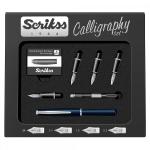 Scrikss Blue Calligraphy Pen Set | Medium 1.1, 1.5, 2.3mm Nibs | Chrome Trim Clip | Converter | 6 Black Ink Cartridges | Blue Body & Cap