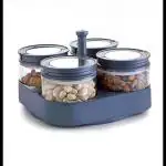 OCTOPUS PRIME masala container Airtight & Unbreakable Polycarbonate Jar Set for Kitchen Storage of Spices, Pickle, and Dry Fruits with 360 Rotating Tray (4pcs 300ml Jars)