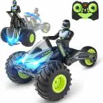 TOYOLOGY High Speed Racing 2.4Ghz Remote Control Motorbike, 360 Rotation Transformable Spinning Action Drift Wheels RC Stunt Motorcycle with Riding Figure Car Toy Best Gift for Kids