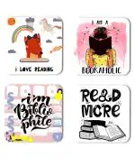 Whats Your Kick Books Reading I Love Reading Quotes With Rainbow Printed Set of 4 Coaster With Metal Stand