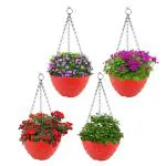 Kuber Industries Diamond Flower Pot|Durable Plastic Hanging Basket Flower Planter with Chain for Home|Garden|Balcony|Pack of 4 (Red)