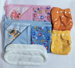 Maalove Combo of Baby Bath Towel with Waterproof Mattress Protector Sheet Pink Blue 2 units and Cloth Diapers Yellow Orange with White Pads Pack of 2