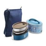 VAYA TYFFYN Denim Oval Shape Polished Stainless Steel Lunch Box with 2-Containers and Bagmat, 600 ml