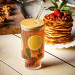 ECOVISTA Boba Cup Bubble Tea Cup w Bamboo Lid and Straw Ribbed Drinking Glasses Tumbler Set of 1 with Bamboo Lids and Straws, Clear Fluted Textured Vertical Stripe Glass Sipper Iced Coffee Cups for Beer, Cocktail, Beverage (Lining) 1 Pc