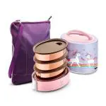 VAYA TYFFYN Unicorn Copper Finished Stainless Steel Lunch Box with 3-Containers and Bagmat, 1000 ml